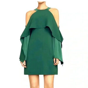 BCBGMAXAZRIA FOLIAGE  TRISTYN COLD-SHOULDER DRAMATIC LS RUFFLE DRESS SZ XS